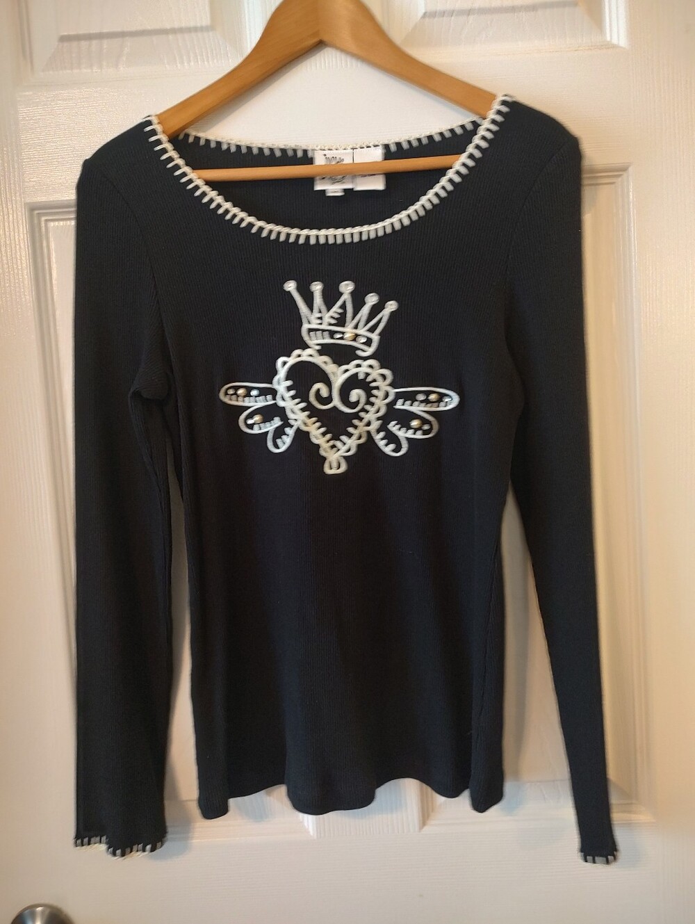 ivy jane Black Long Sleeve Ribbed Top with White Crowned Heart Applique